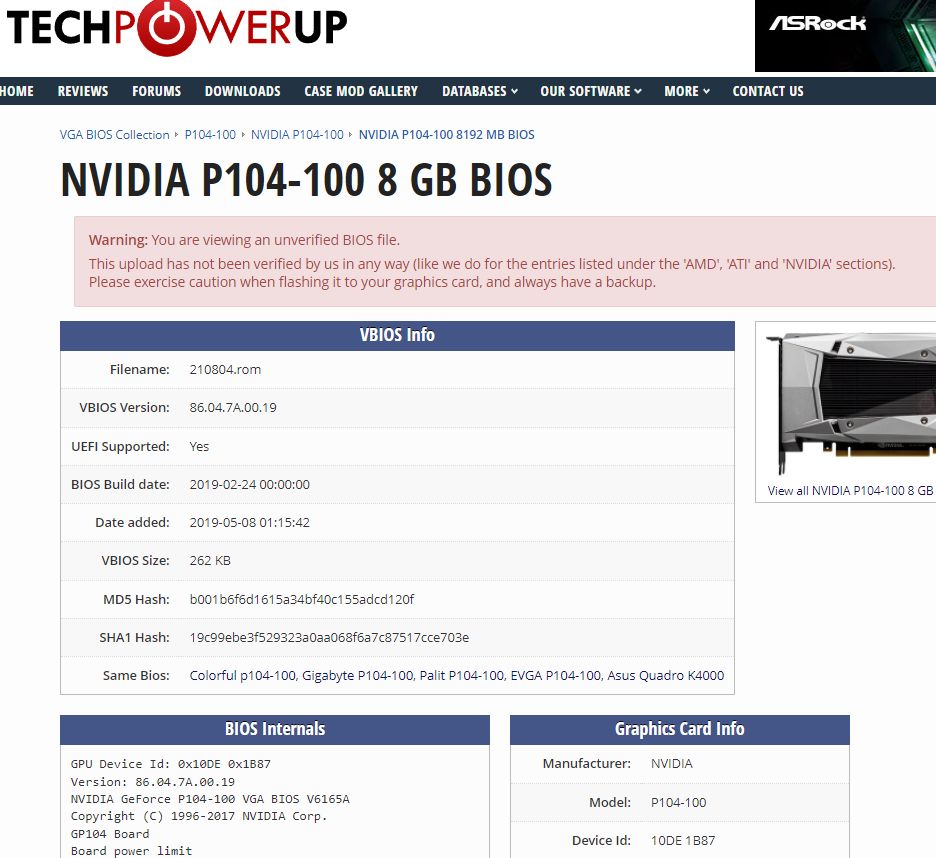 Bios for P104-100 8GB